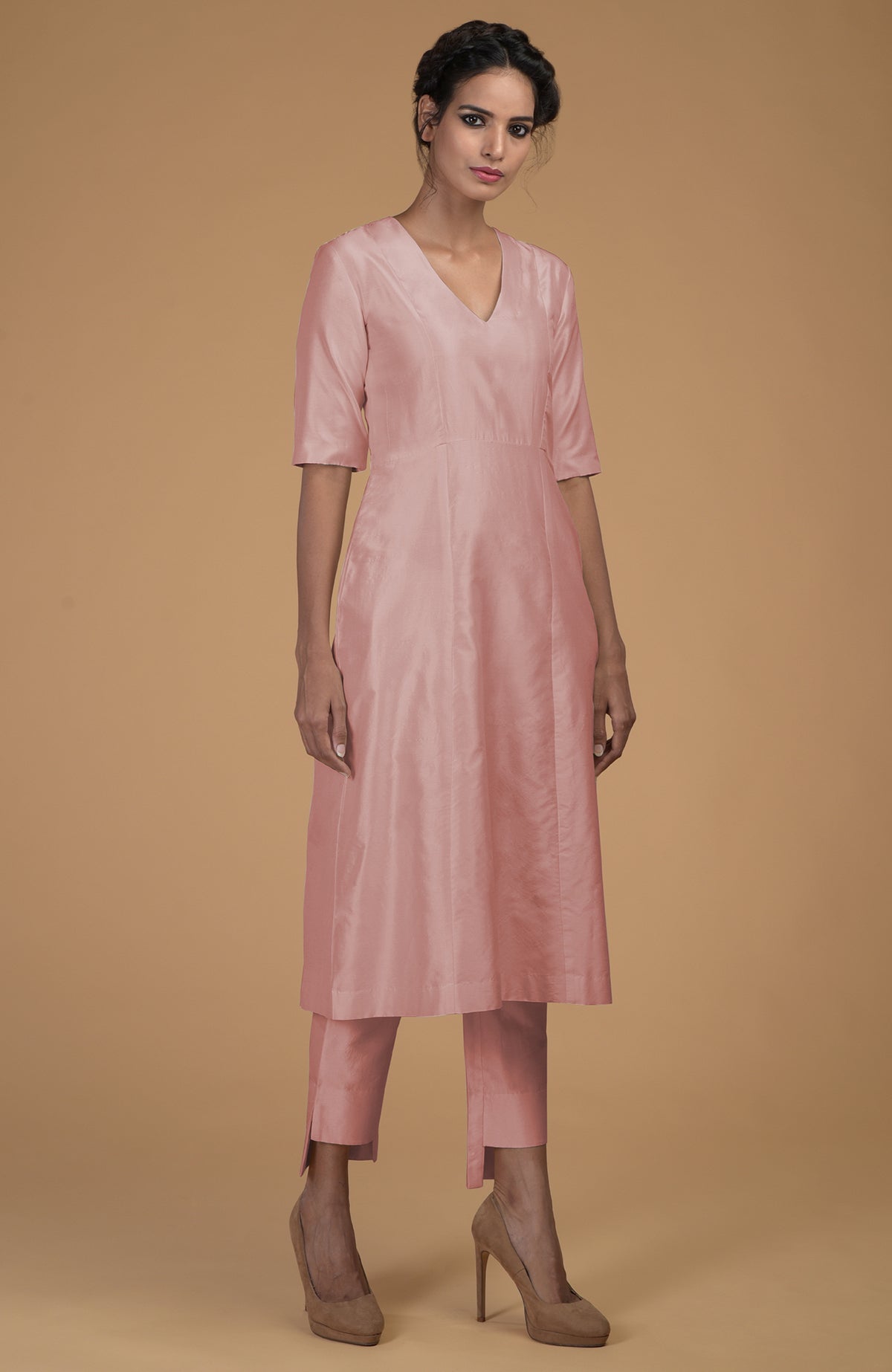 Rose beige pure Matka silk V-neck kali kurta set with slim fit asymmetric hem pants.