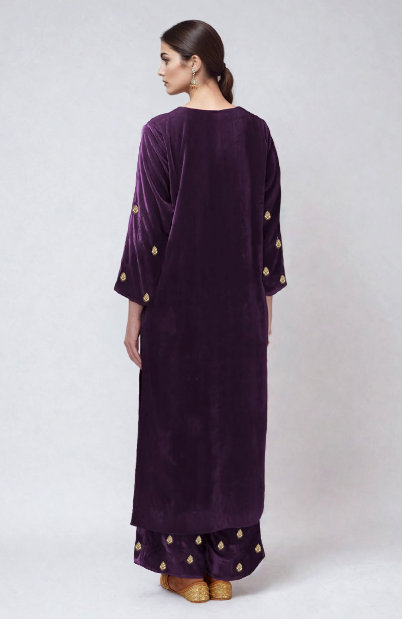 Mulled grape velvet kurta set with gold dabka zardozi hand embroidery.