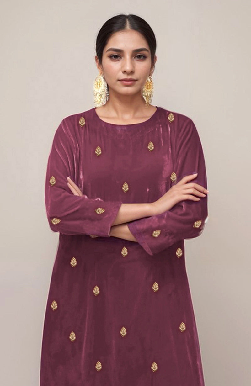 Hawthorne Rose velvet kurta with gold dabka zardozi hand embroidery.
