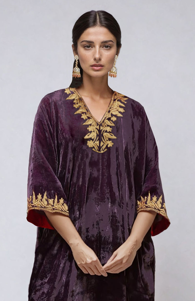 Mulled grape velvet kurta with gold Kashmiri tilla aari embroidery.