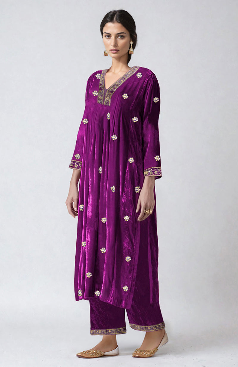 Berry velvet choga kurta set with gold zari, sequin, and zardozi embroidery.