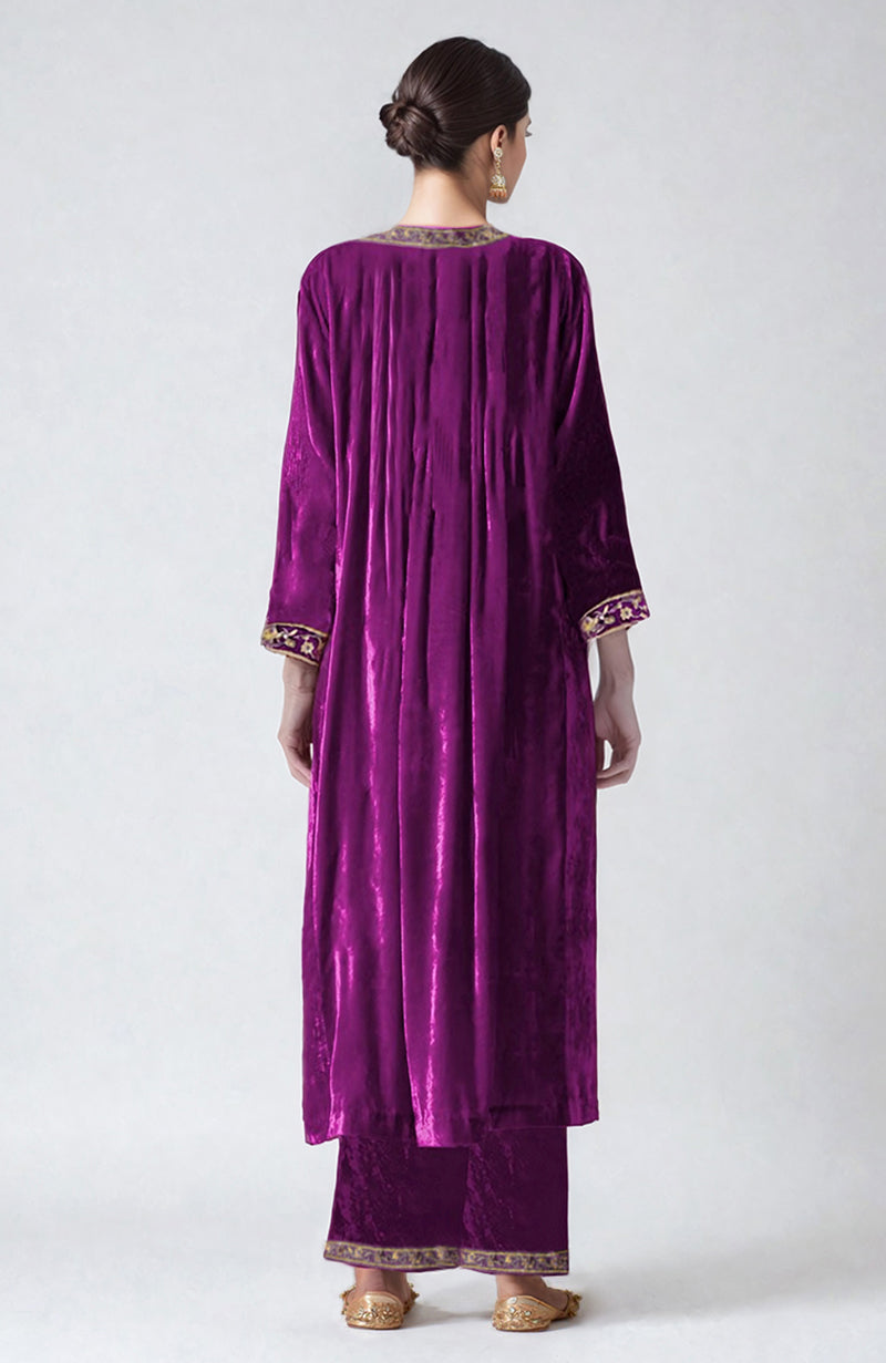 Berry velvet choga kurta set with gold zari, sequin, and zardozi embroidery.