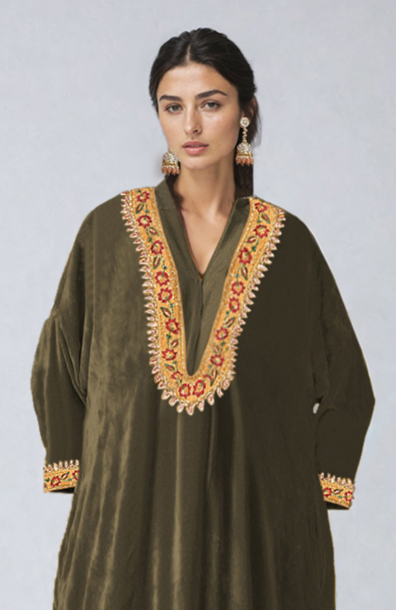 Martini olive velvet choga kurta with colorful floral embroidery on the neckline and sleeves.