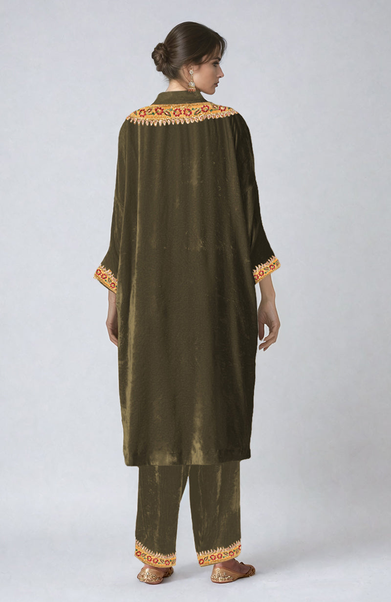 Martini olive velvet choga kurta set with resham and zardozi hand embroidery.