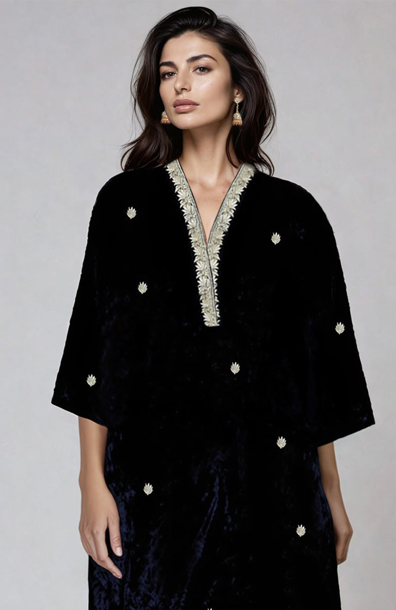 Midnight blue velvet kurta with silver Kashmiri Tilla embroidery and matching pants.