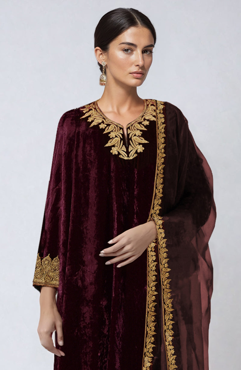Maroon velvet palazzo set with gold Kashmiri Tilla Aari embroidery.