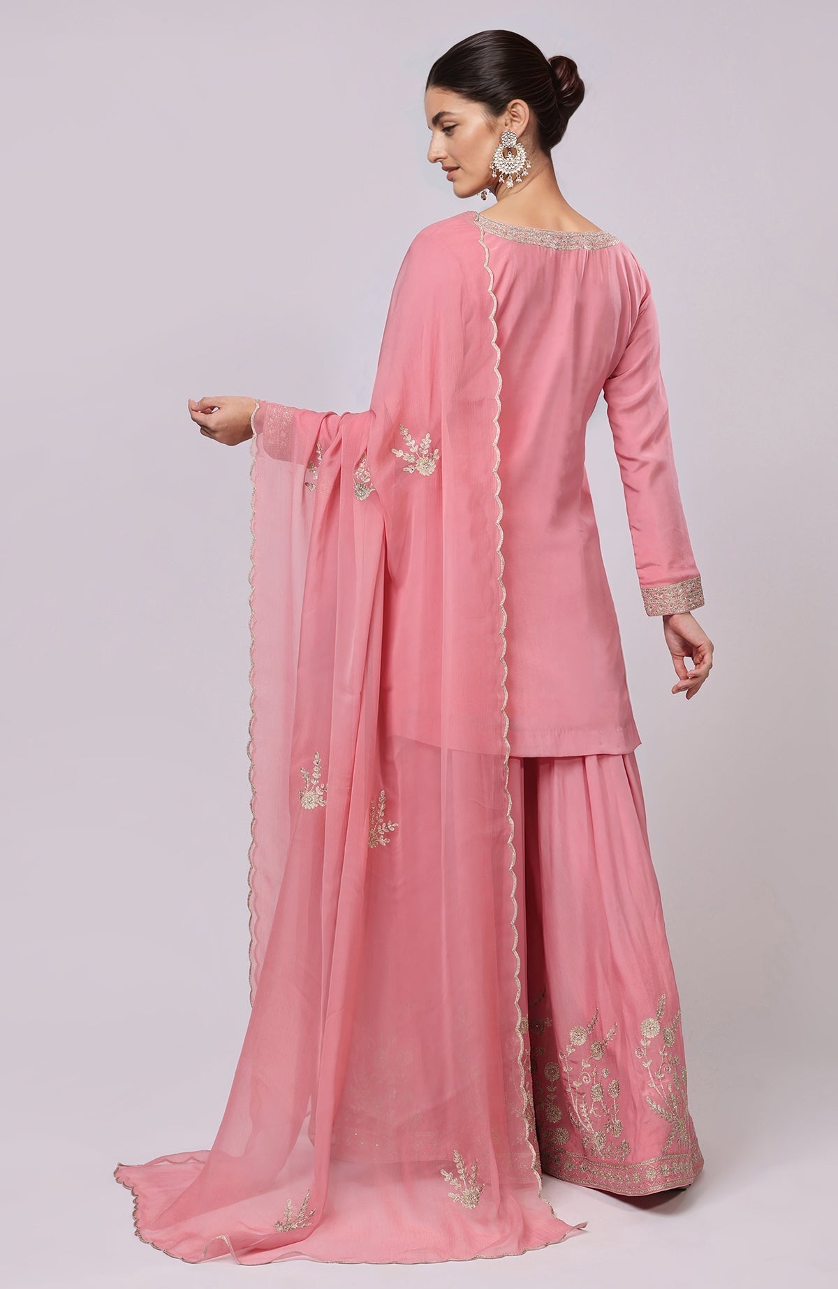 Pink Kashmiri Tilla Aari embroidered sharara set with dupatta.