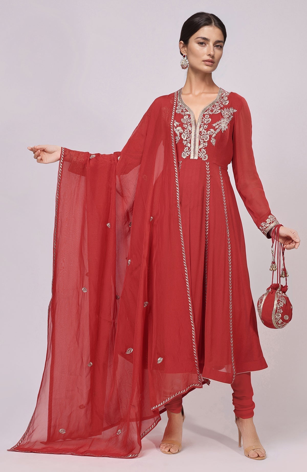 Red Anarkali set with intricate Kashmiri Tilla Aari embroidery and sheer dupatta with floral details