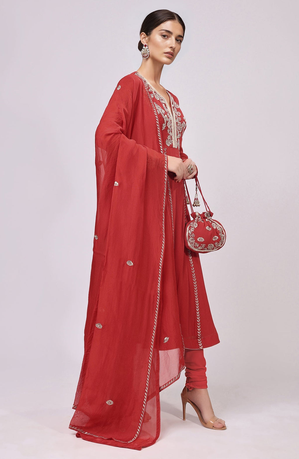 Red Anarkali set with intricate Kashmiri Tilla Aari embroidery and sheer dupatta with floral details