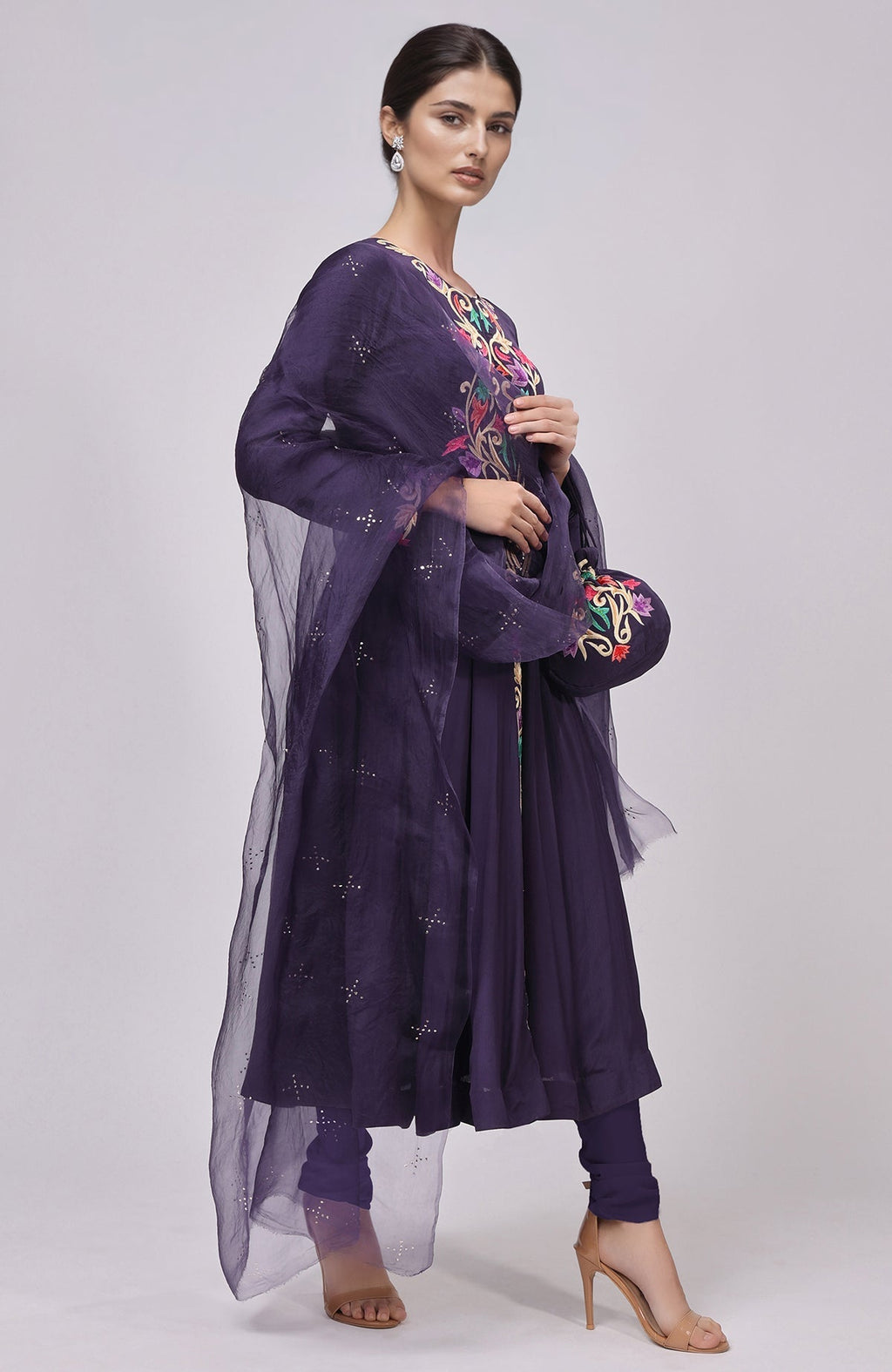 Eclipse blue Anarkali with intricate Resham Gara embroidery and matching dupatta and potli bag.