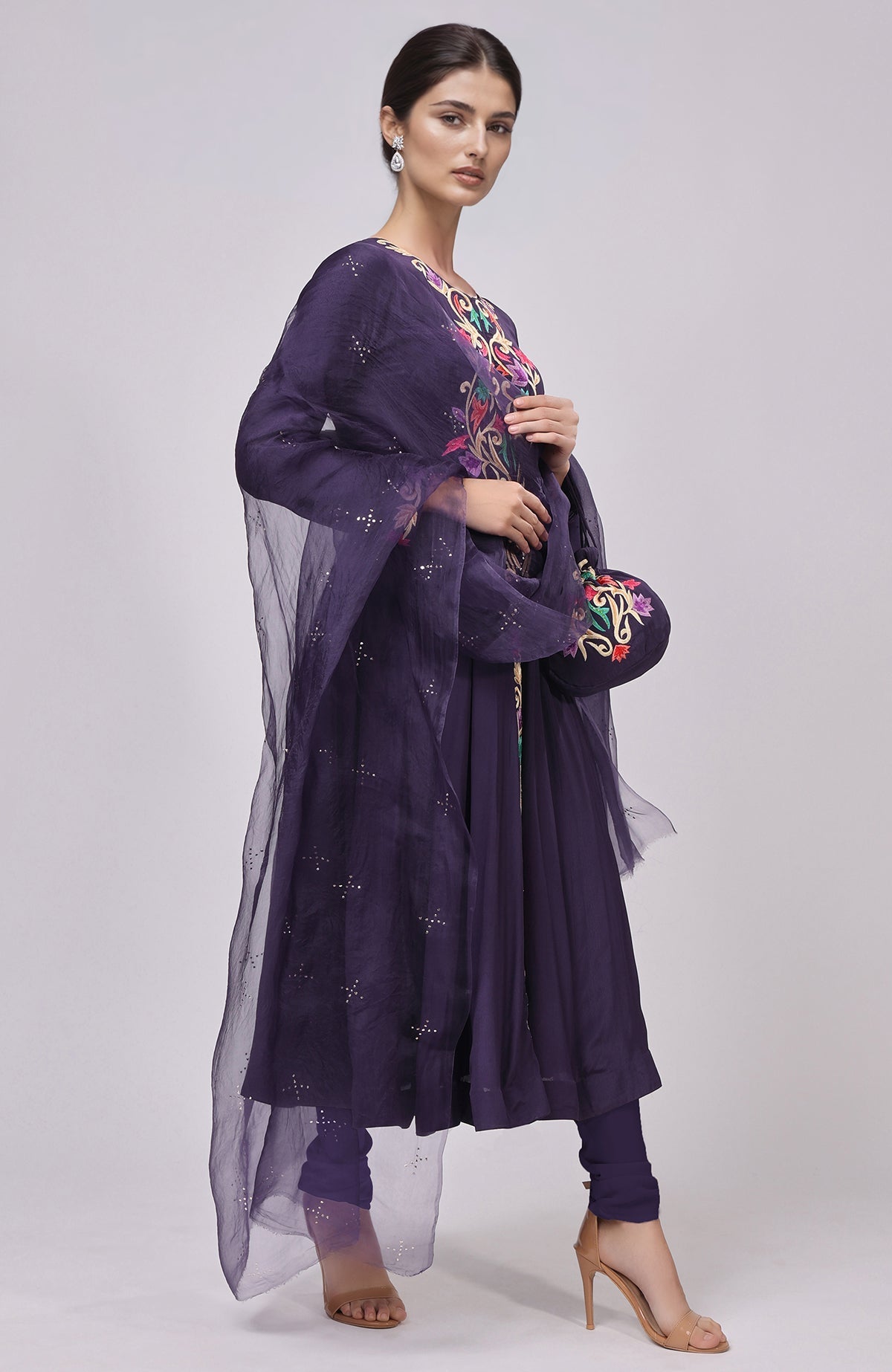 Eclipse blue Anarkali with intricate Resham Gara embroidery and matching dupatta and potli bag.
