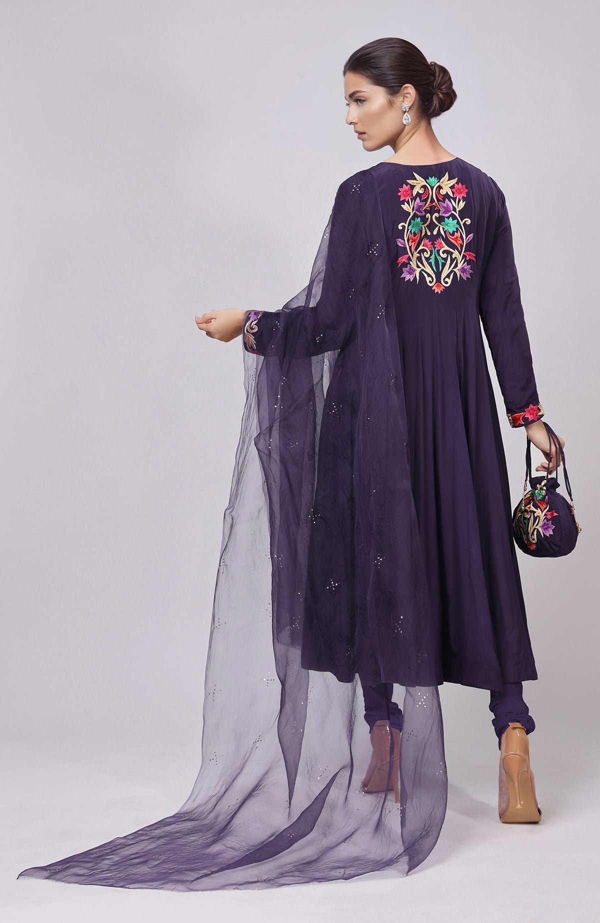 Eclipse blue Anarkali set with intricate Resham Gara embroidery and matching dupatta and potli bag.