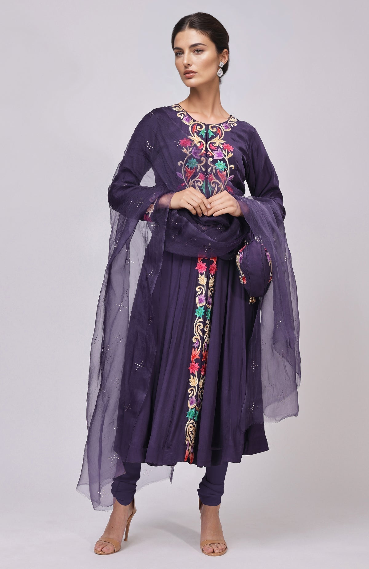 Eclipse blue Anarkali set with intricate Resham Gara embroidery and matching dupatta and potli bag.
