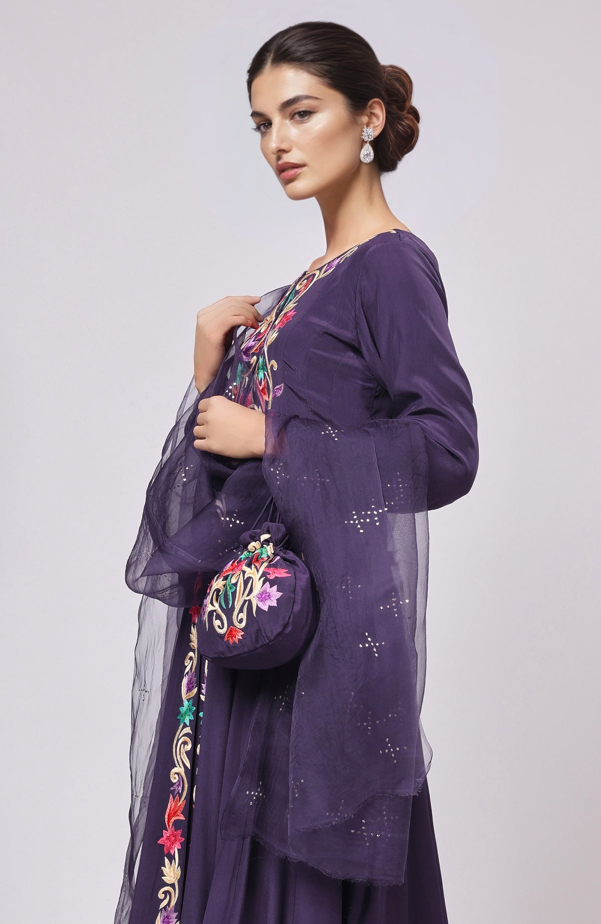 Eclipse blue Anarkali with intricate Resham Gara embroidery on front, sleeves, back, and dupatta.