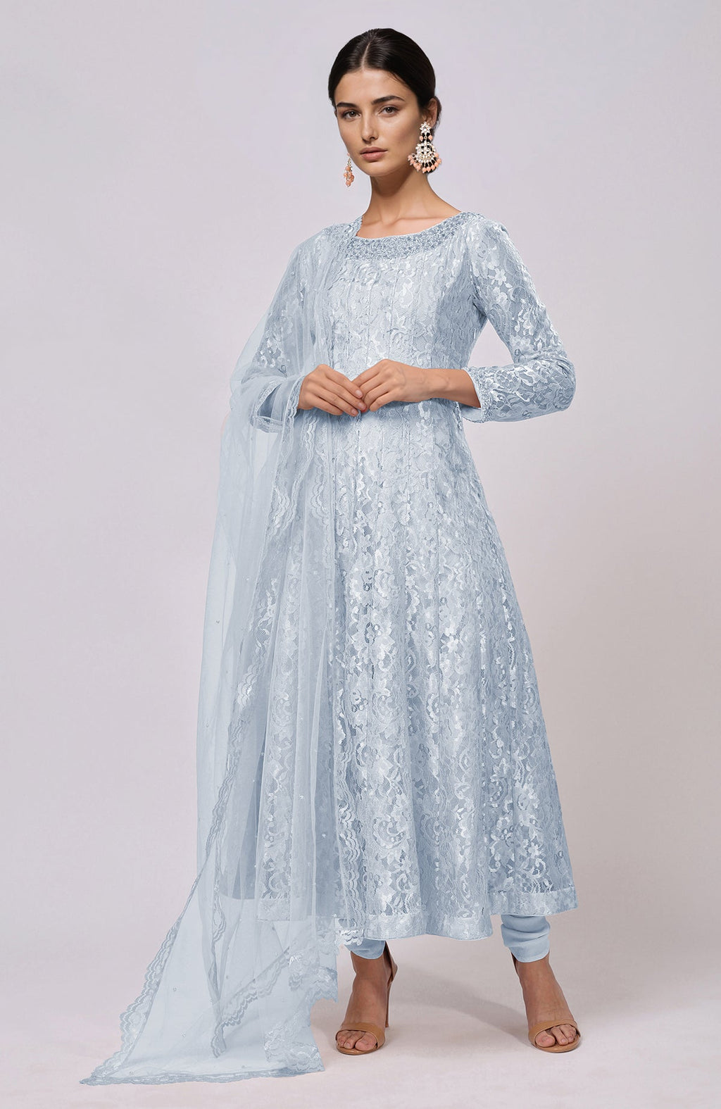 Dusty blue lace anarkali set with a net dupatta and churidar.