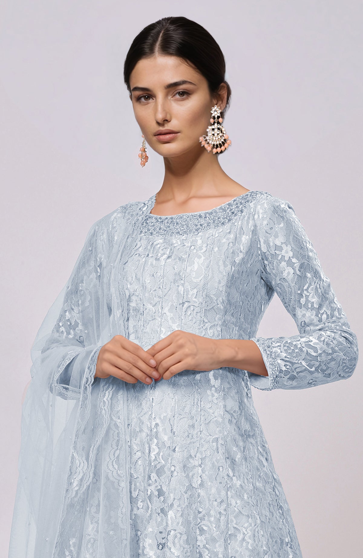 Dusty blue lace anarkali set with a scoop neckline and matching dupatta.
