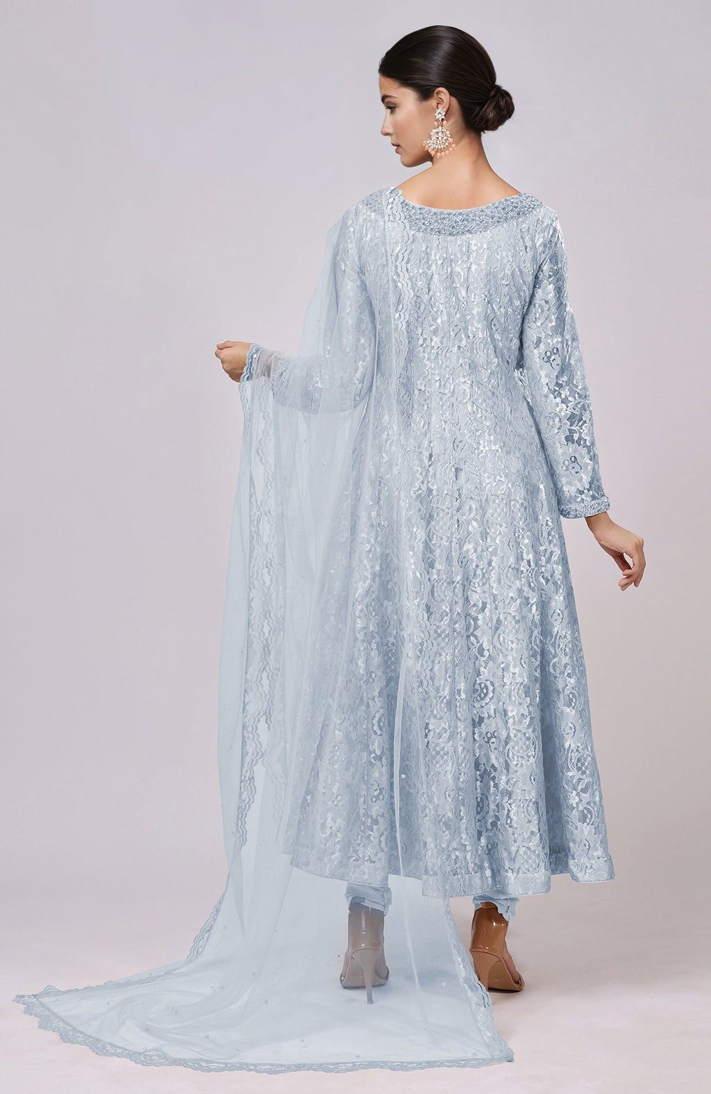 Dusty blue lace anarkali set with a matching dupatta and churidar.