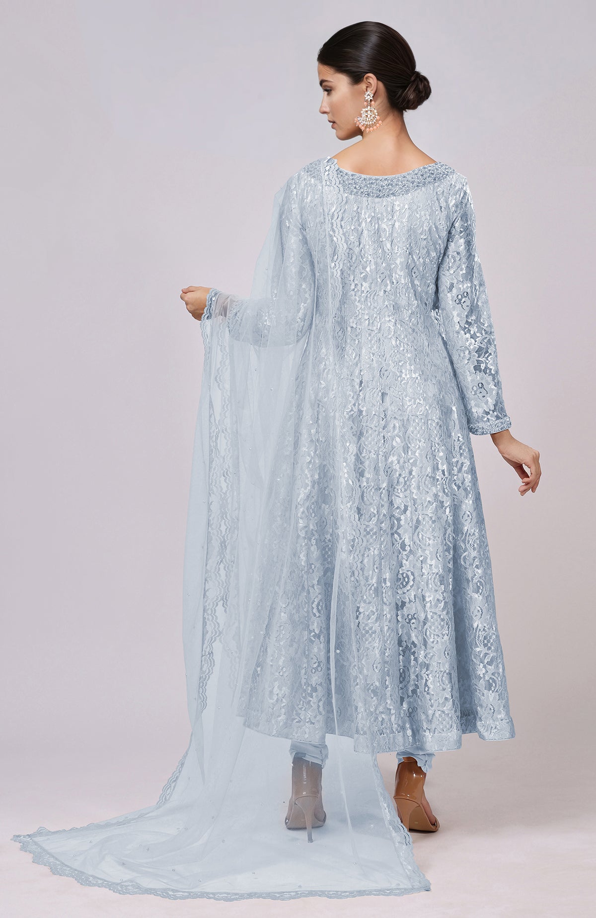 Dusty blue lace anarkali set with a matching dupatta and churidar.