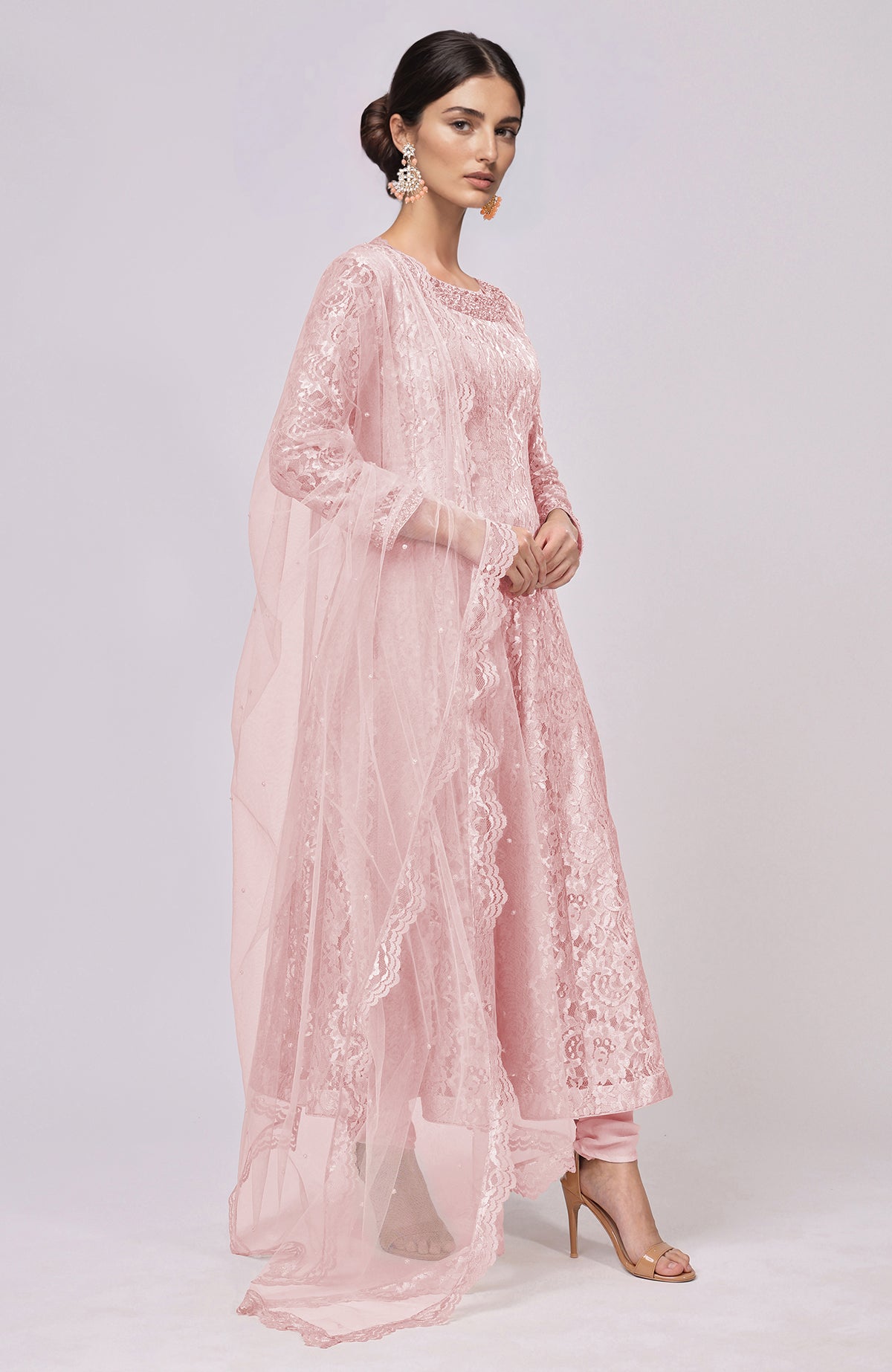 Pressed Rose Lace Anarkali Set with a matching dupatta.