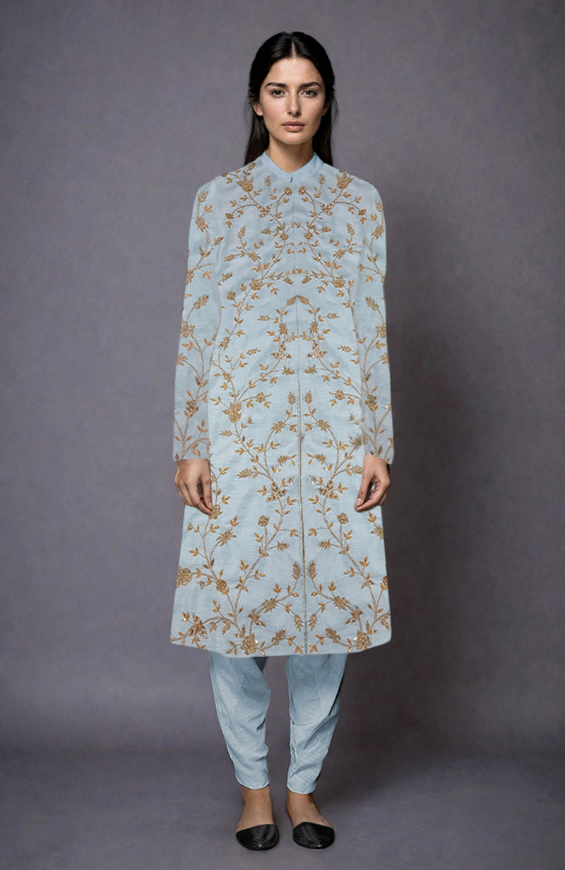 Aqua haze jacket set with zari and sequin floral embroidery.