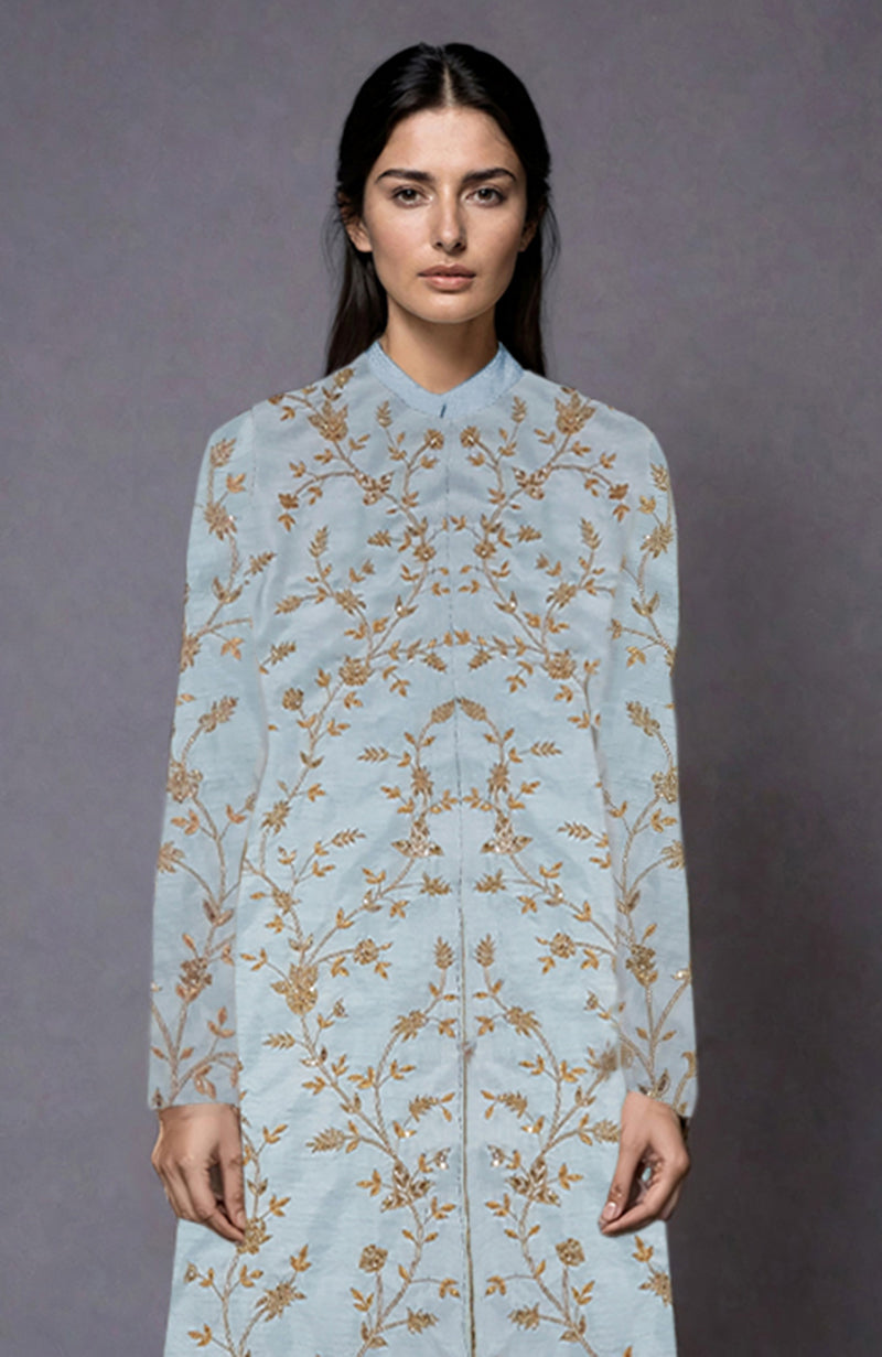 Aqua Haze jacket set with gold and silver zari and sequin floral embroidery.
