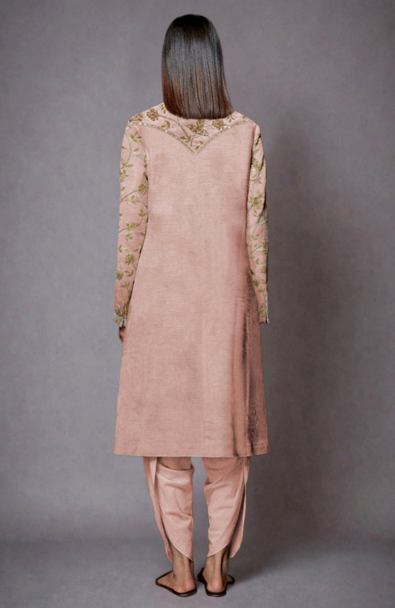 Old rose jacket set with zari and sequin embroidery on the jacket and dhoti pants.