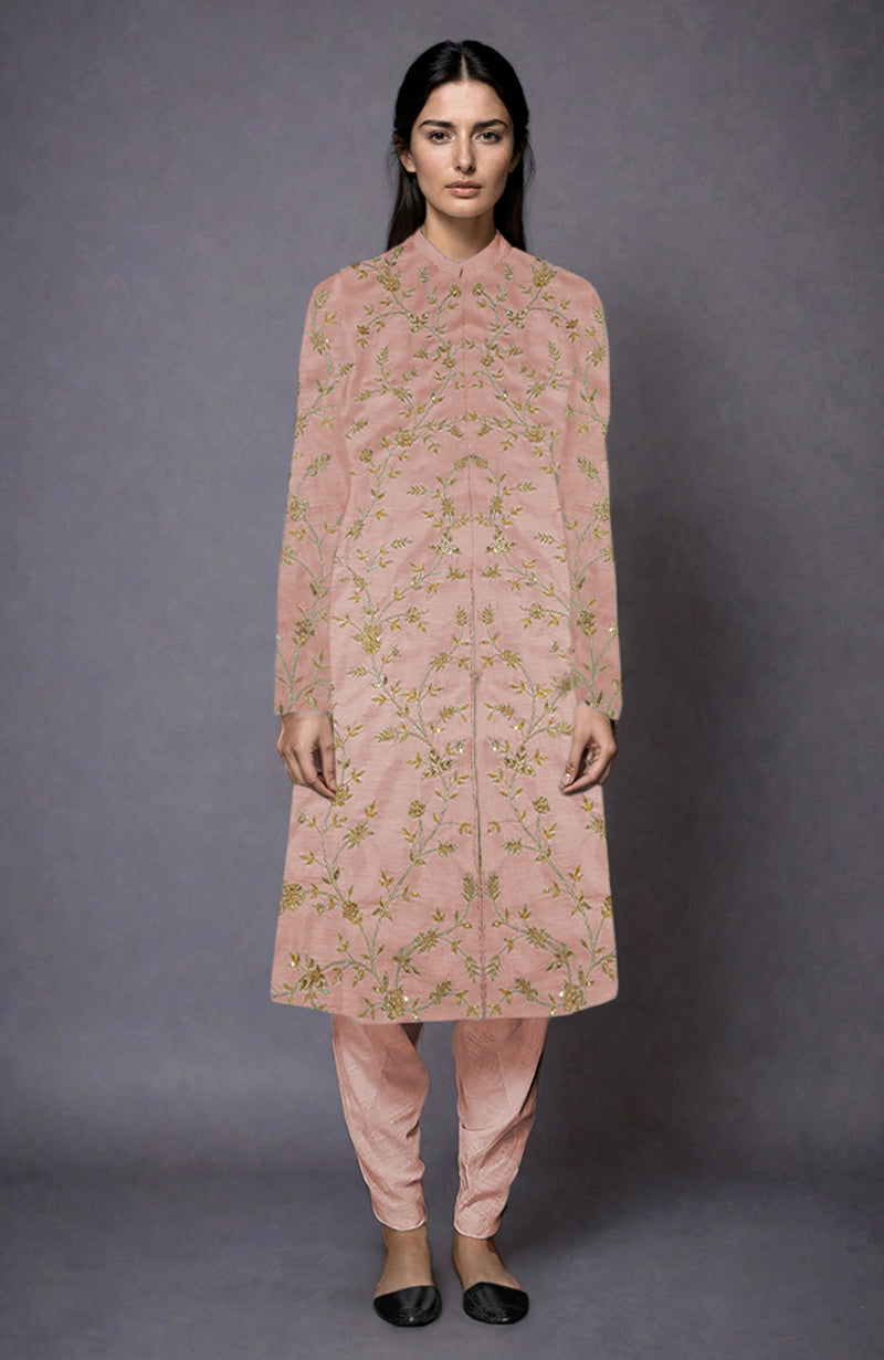 Light beige jacket set with zari and sequin floral embroidery, paired with dhoti pants.
