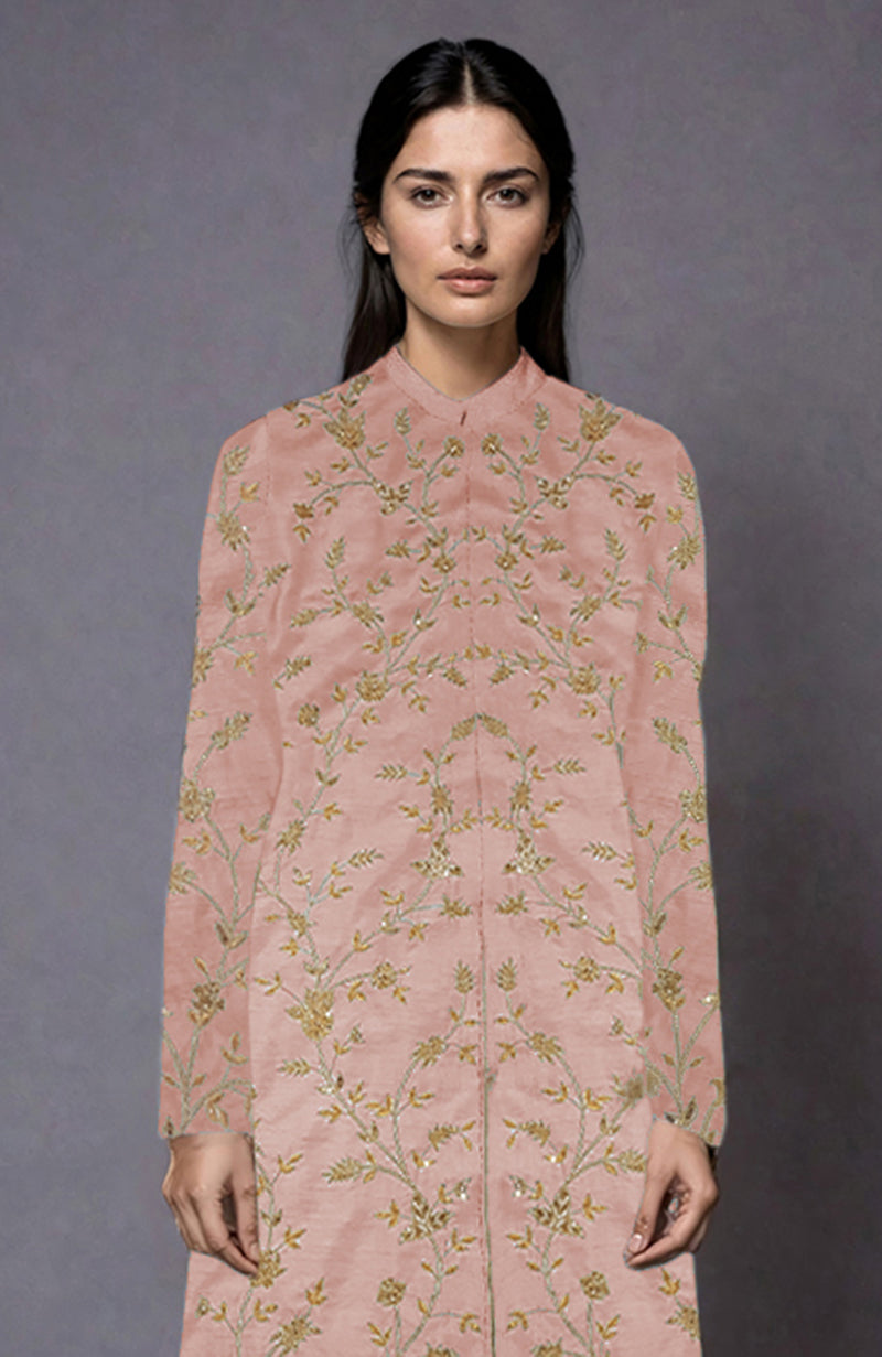 Old rose jacket with gold and silver zari and sequin floral embroidery.