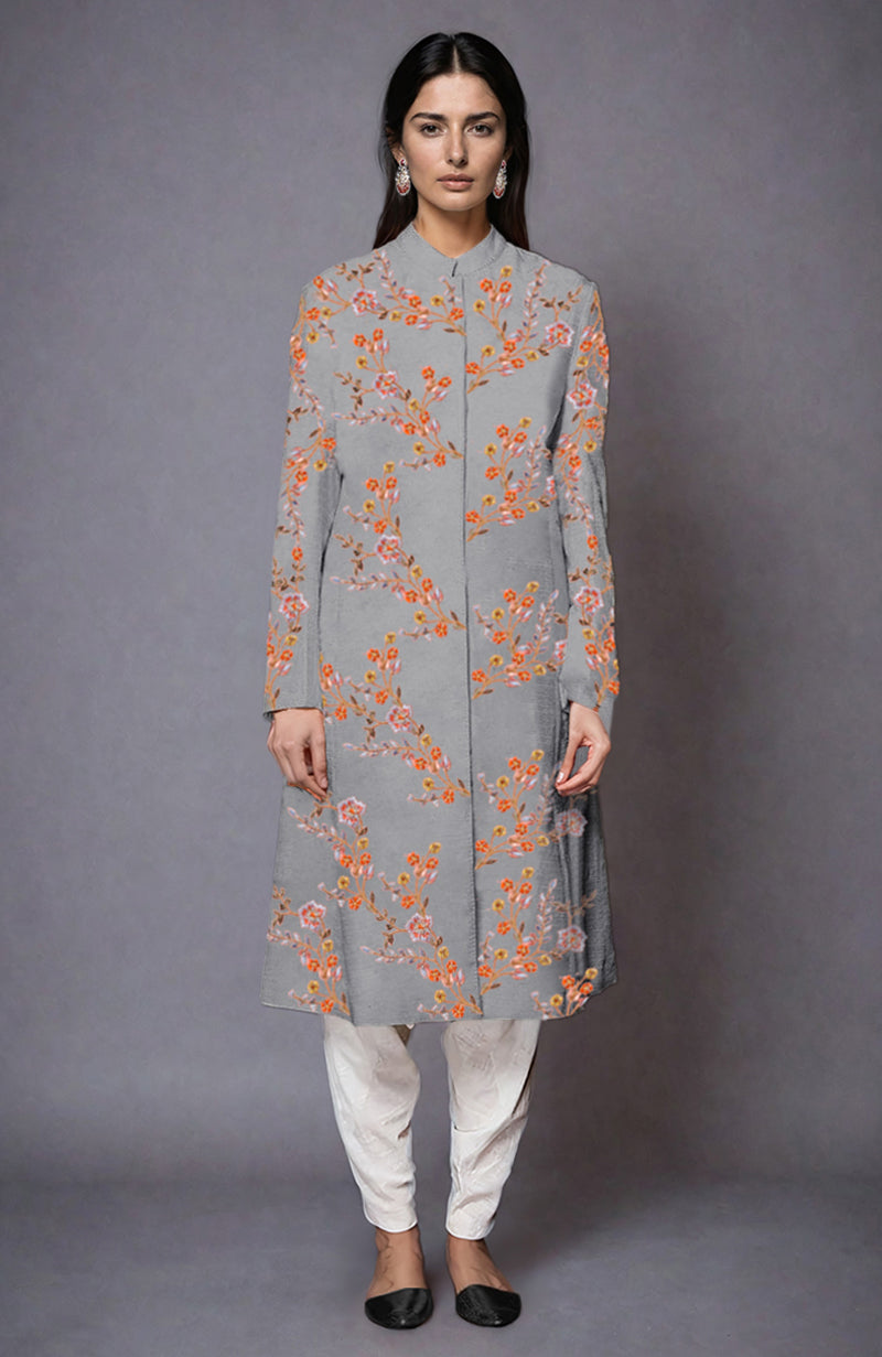 Grey jacket with multicolor floral embroidery and ivory dhoti pants.