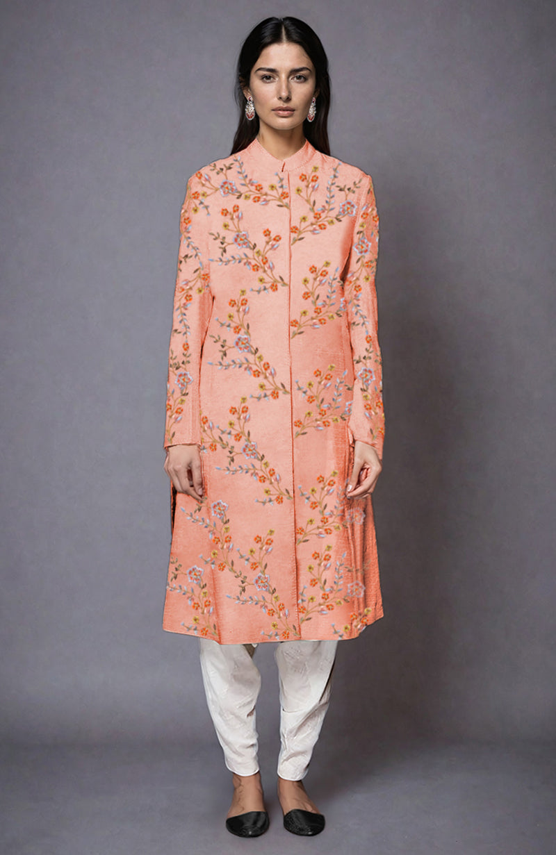 Grey Resham Embroidered Jacket Set with floral embroidery and ivory dhoti pants.