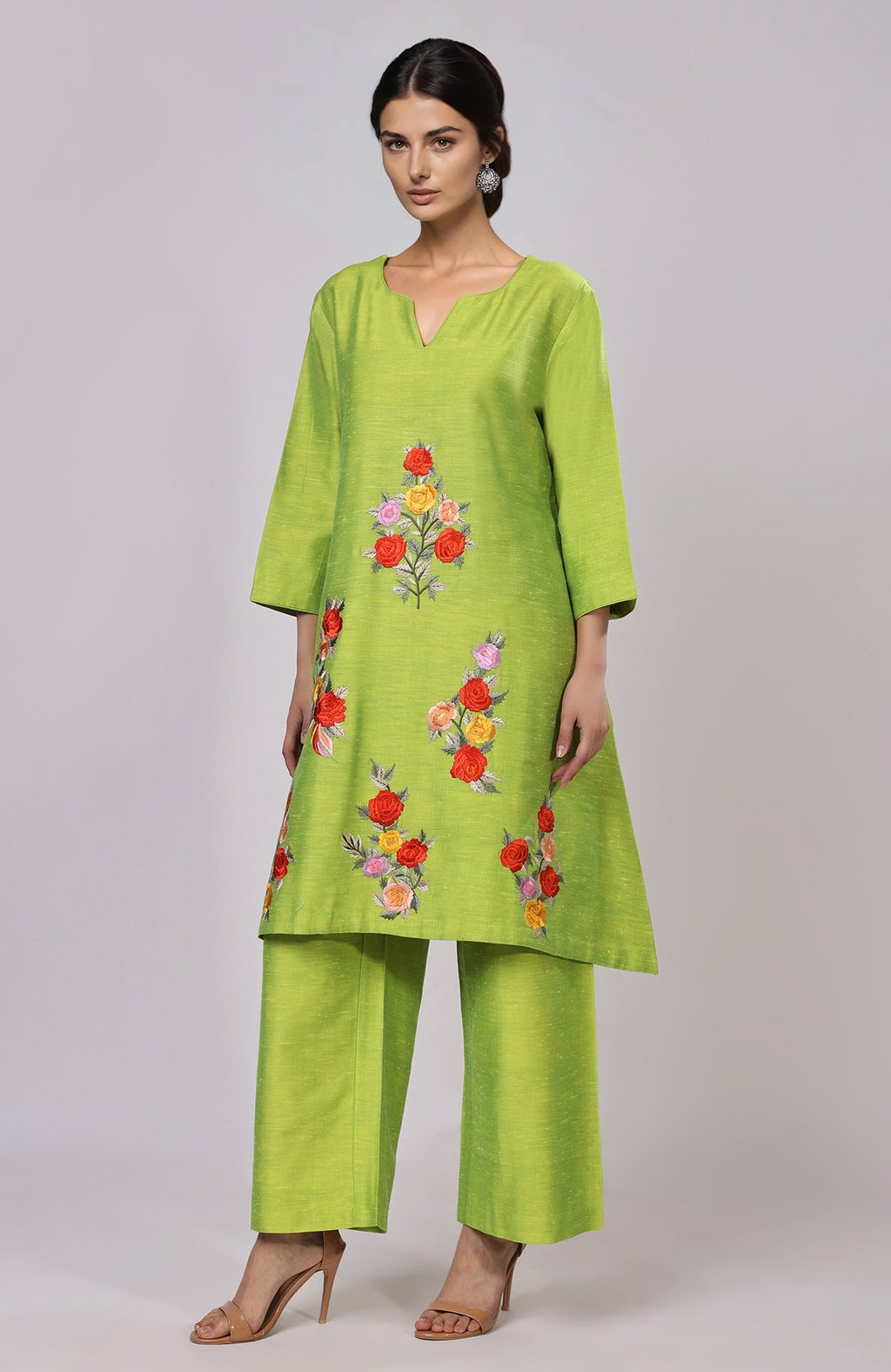 Citrus green co-ord with Parsi Gara floral embroidery and asymmetrical top with wide-leg pants
