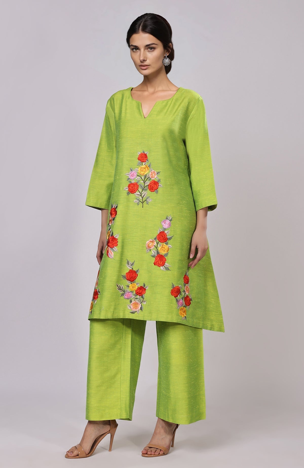 Citrus green co-ord with Parsi Gara floral embroidery and asymmetrical top with wide-leg pants