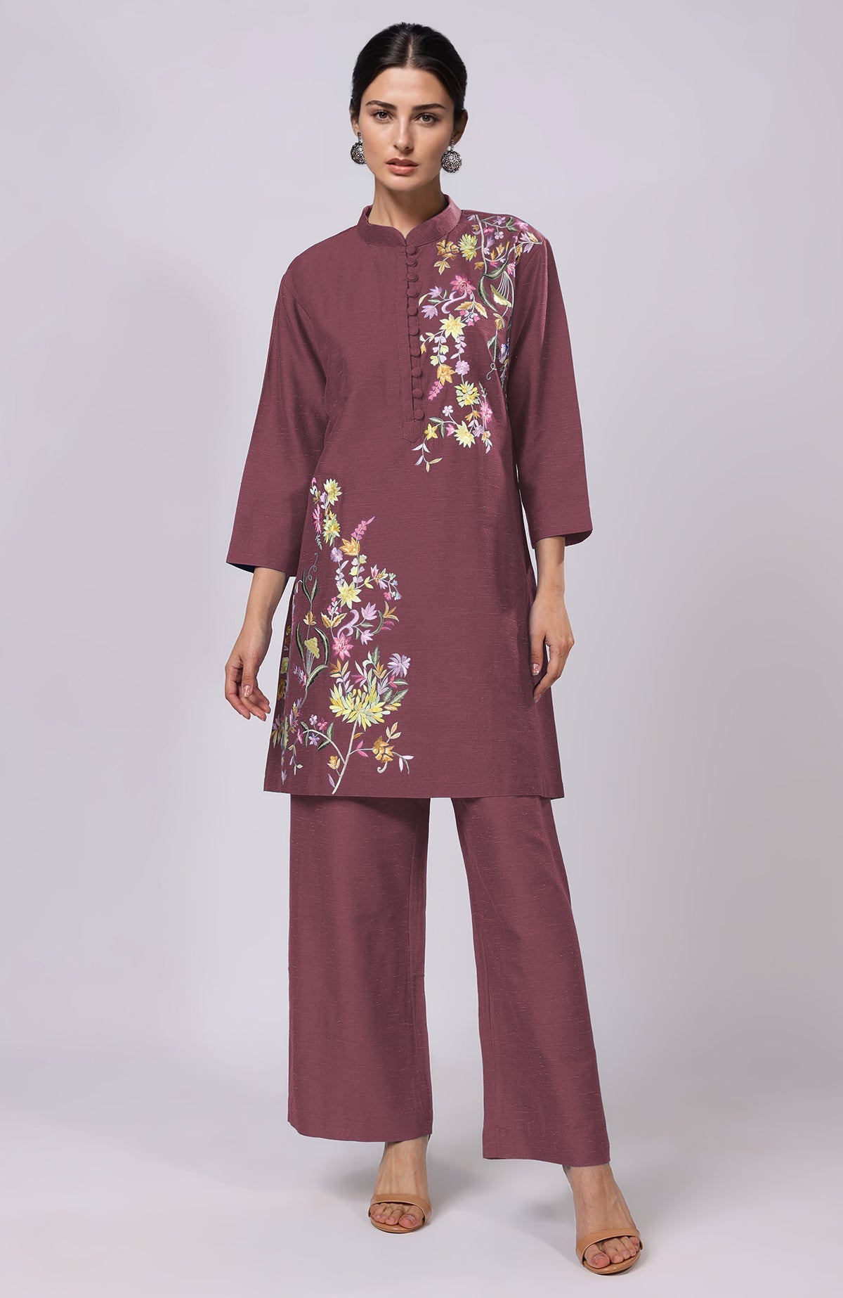 Mocha mousse co-ord set with vibrant Parsi Gara floral embroidery and band collar top.