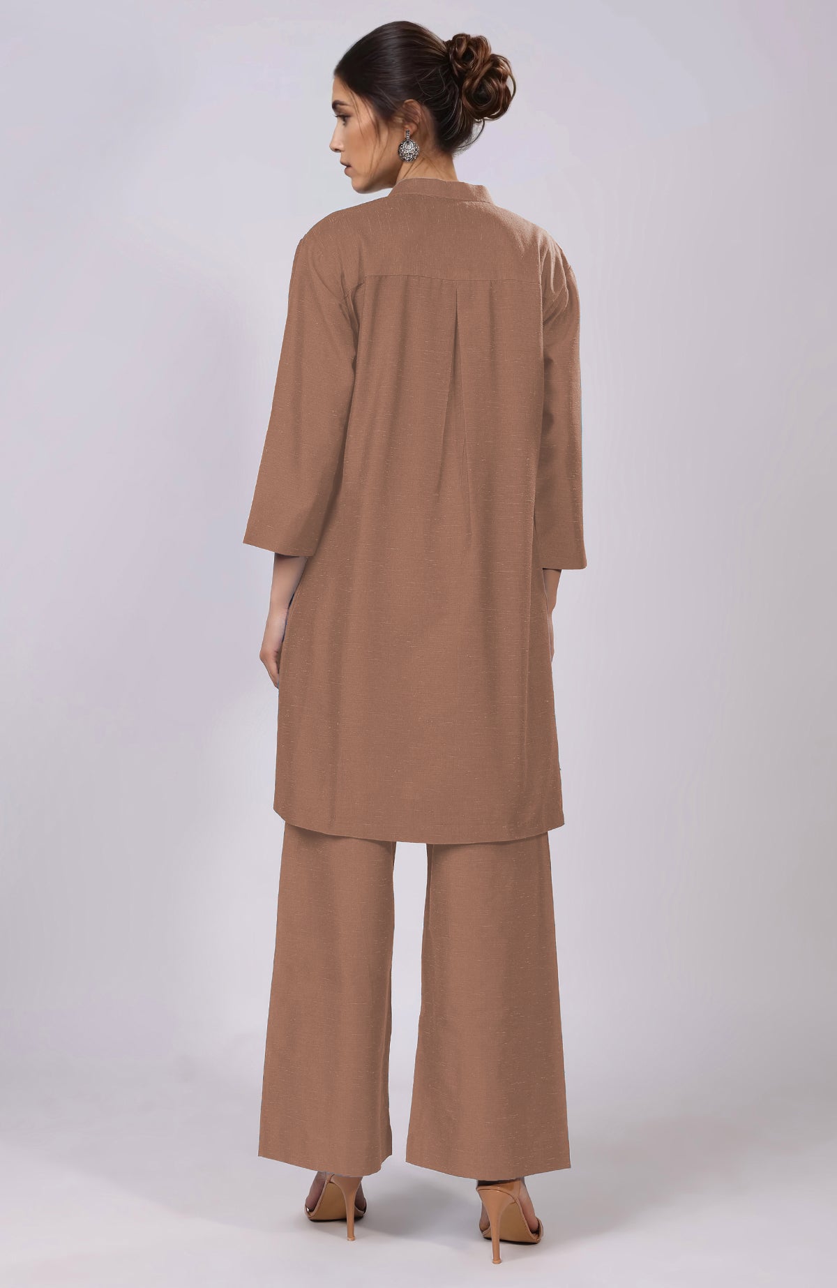 Mocha mousse co-ord set with vibrant Parsi Gara floral embroidery on kurta and wide-leg pants