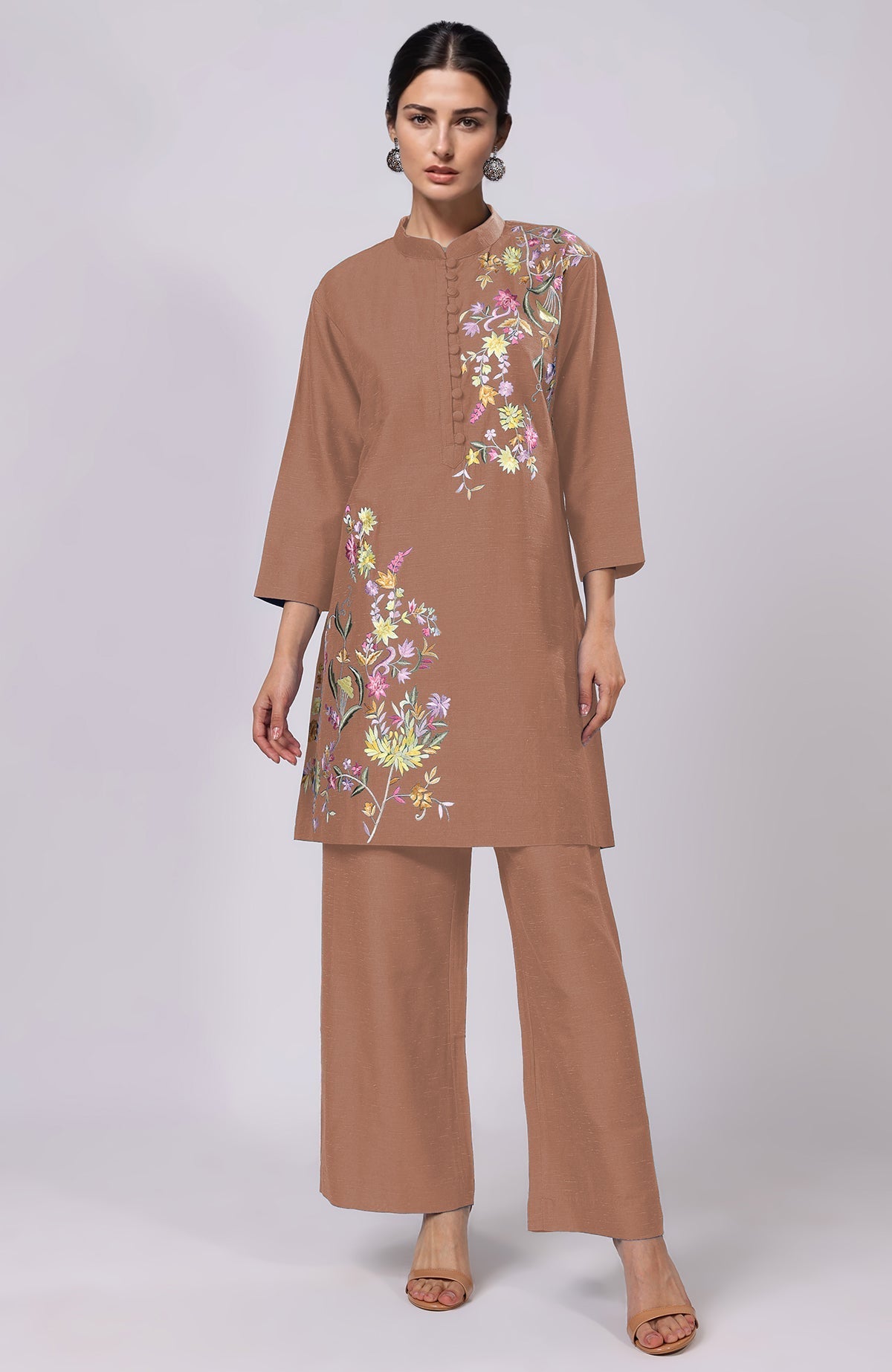 Martini Olive Parsi Gara embroidered co-ord set with a band collar and wide-leg pants.