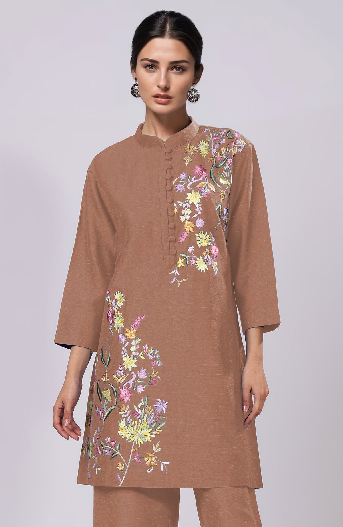 Mocha mousse co-ord set with vibrant Parsi Gara floral embroidery and band collar top.