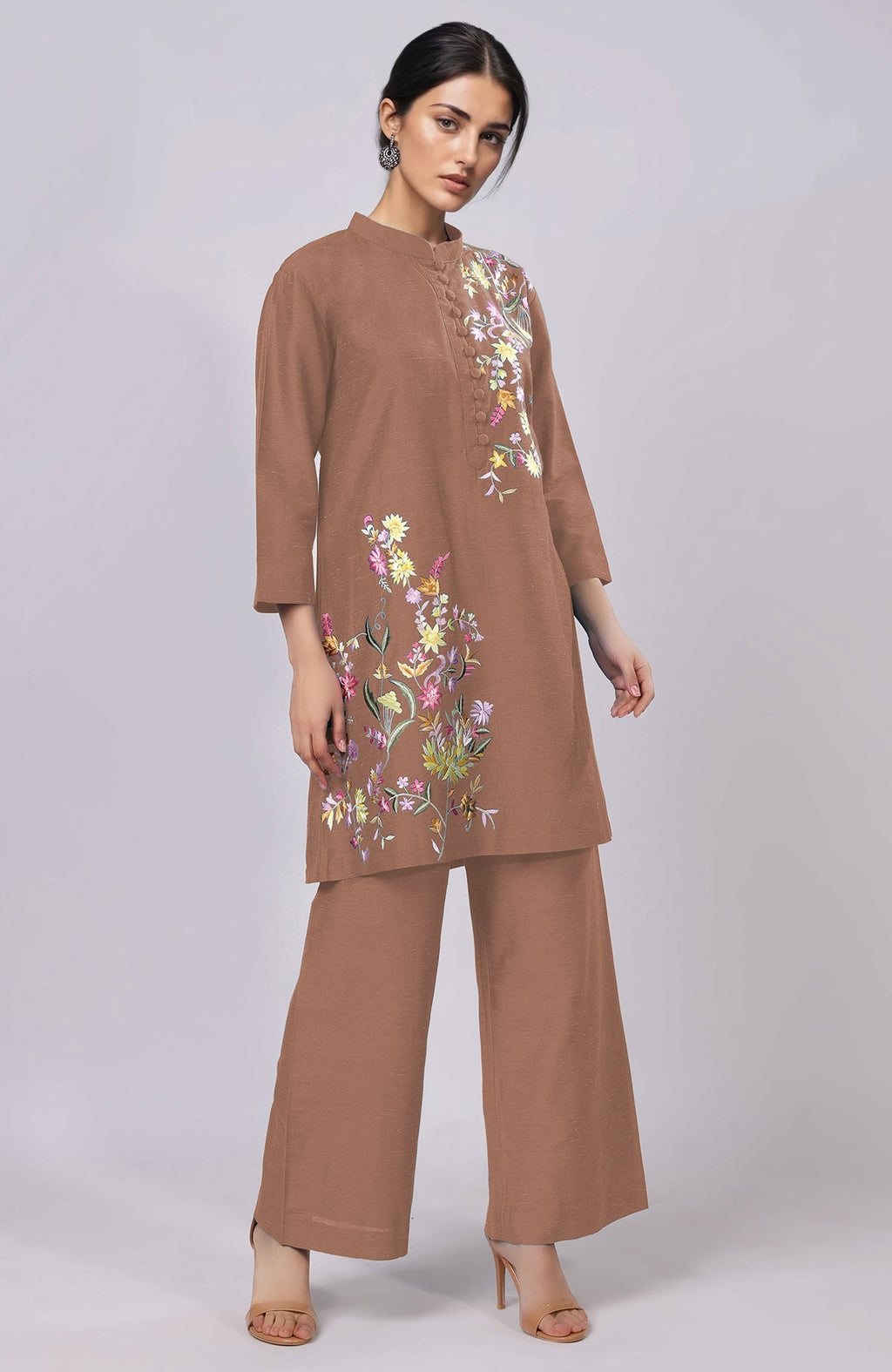 Mocha mousse co-ord set with pink, yellow, and green Parsi Gara floral embroidery and band collar top