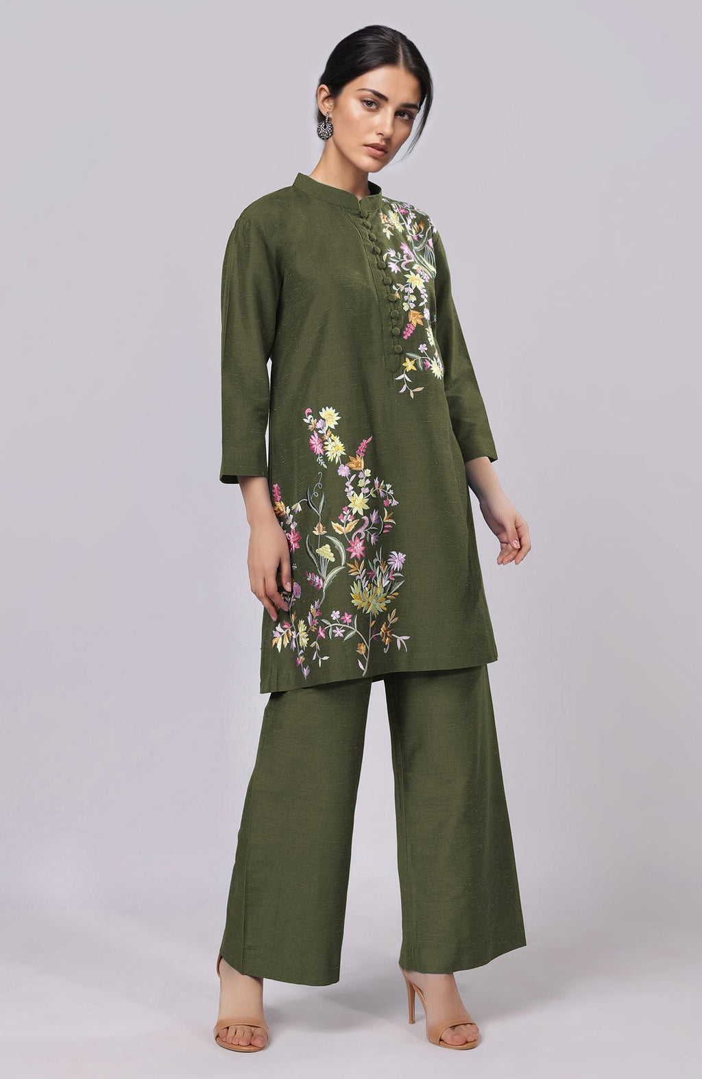 Martini olive Parsi Gara embroidered co-ord set with floral embroidery.