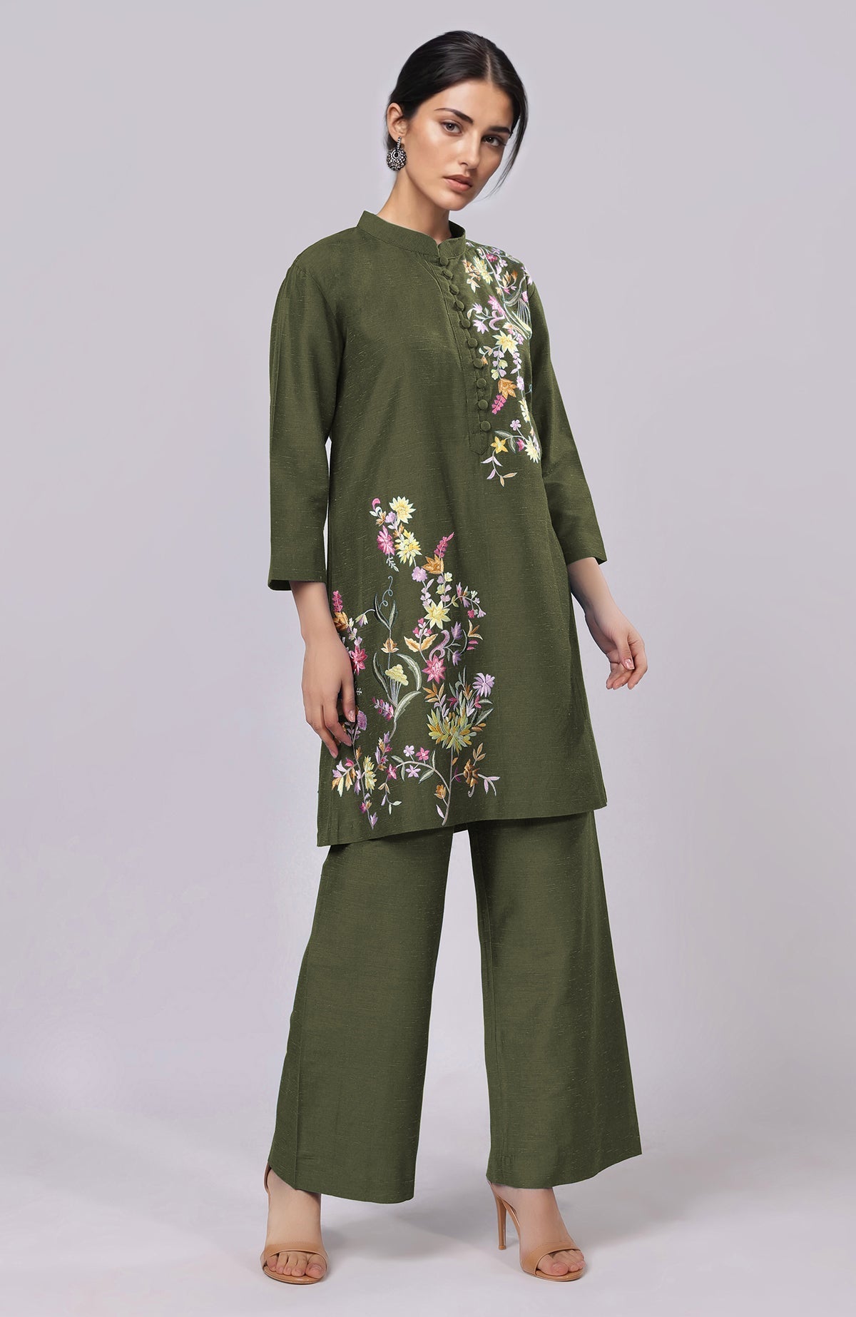 Martini olive Parsi Gara embroidered co-ord set with floral embroidery.