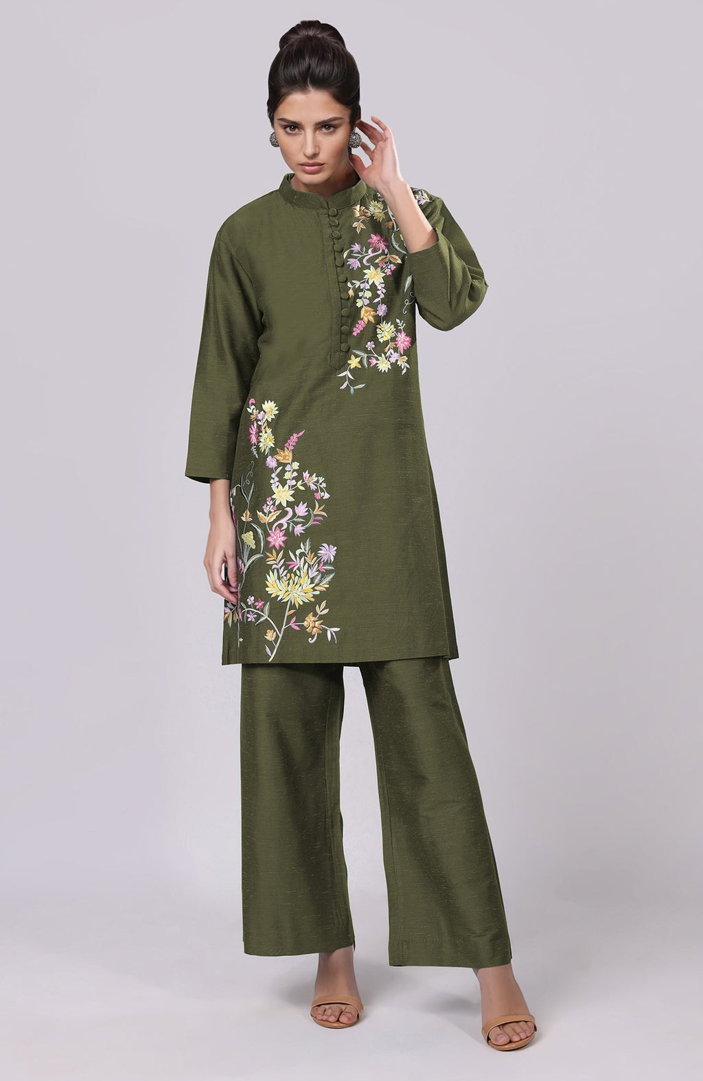 Martini olive Parsi Gara embroidered co-ord set with a band collar and wide-leg pants.