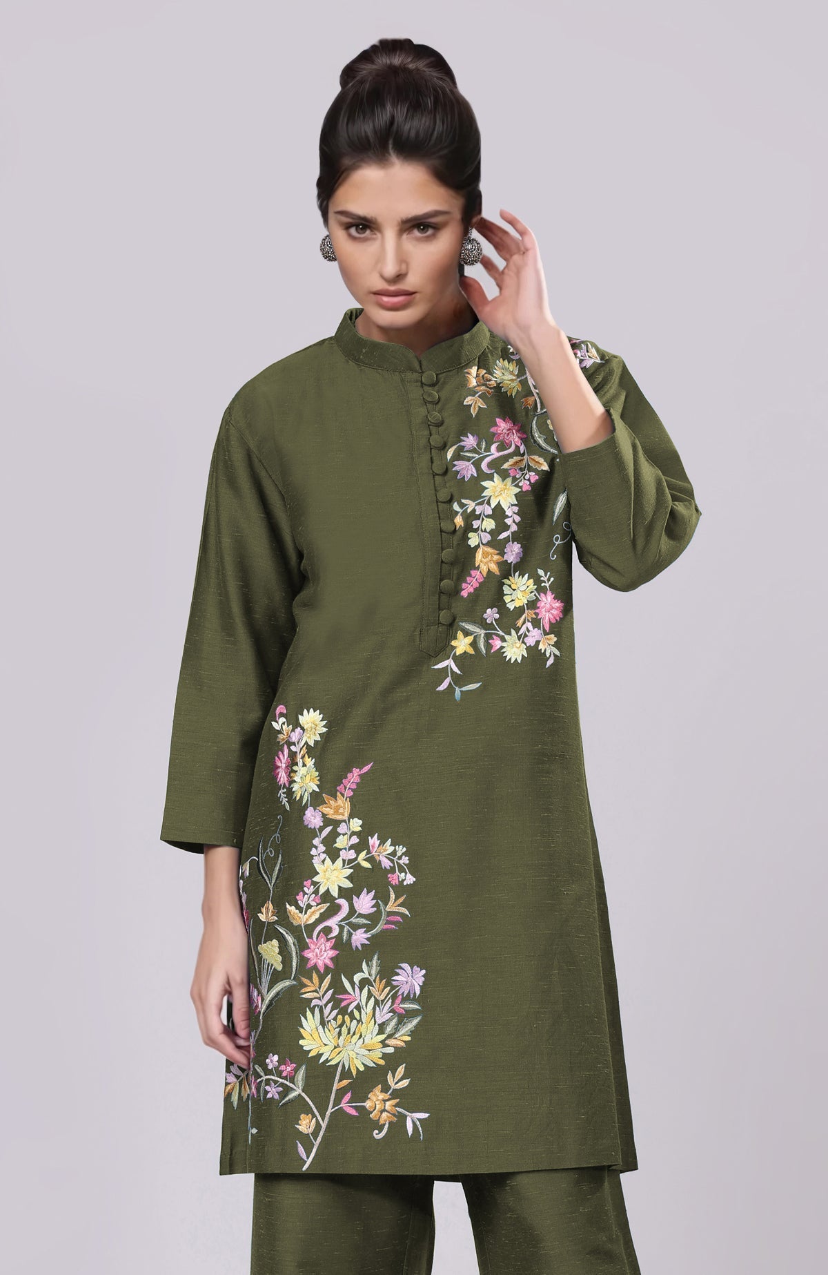 Martini olive co-ord set with Parsi Gara floral embroidery and potli buttons.