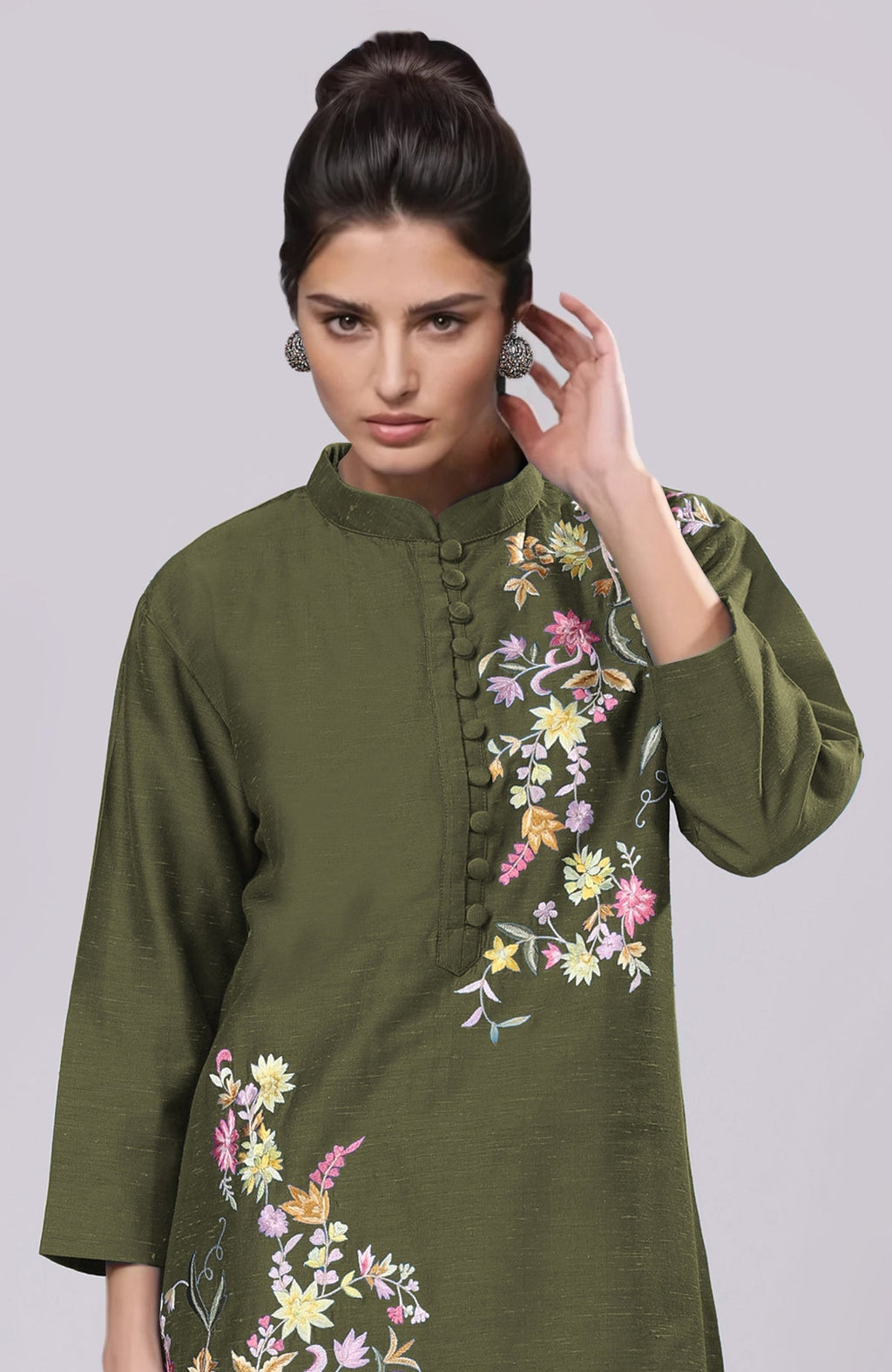 Martini olive Parsi Gara embroidered co-ord set with floral embroidery and potli buttons.