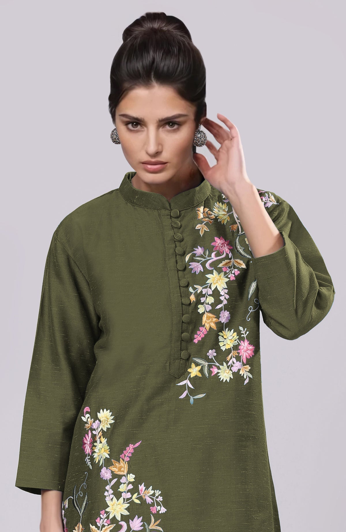 Martini olive Parsi Gara embroidered co-ord set with floral embroidery and potli buttons.