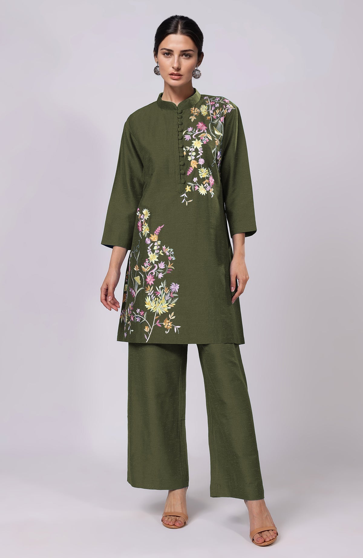 Mocha mousse co-ord set with pink, yellow, and green Parsi Gara floral embroidery and band collar top