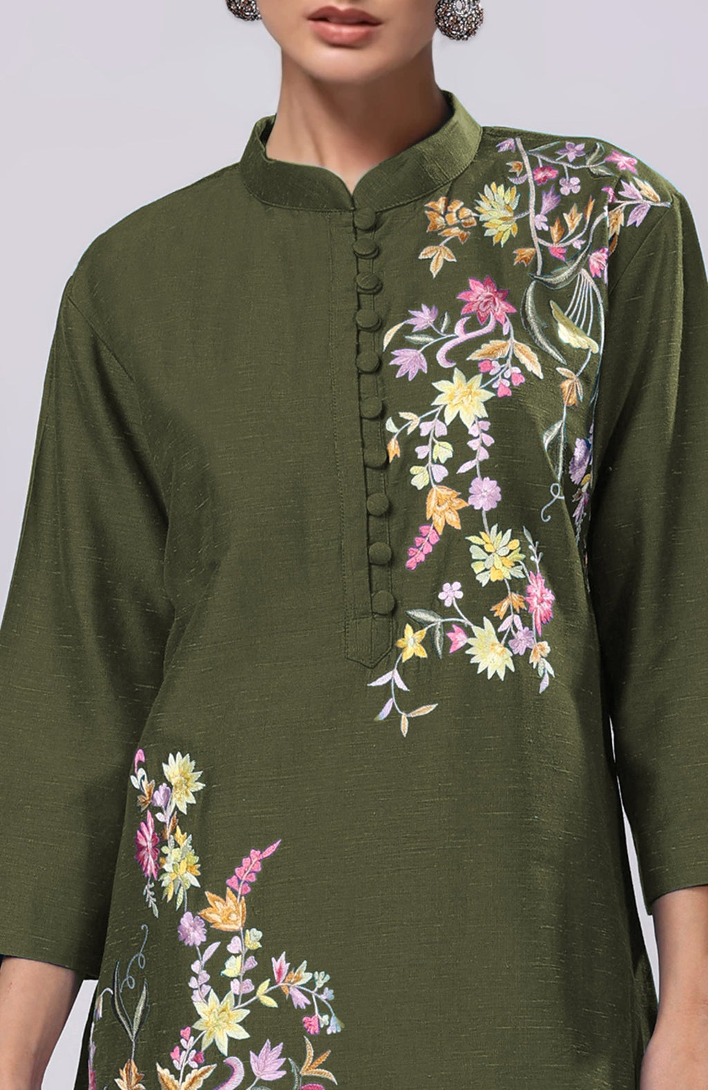 Martini olive Parsi Gara embroidered co-ord set with a band collar and potli buttons.