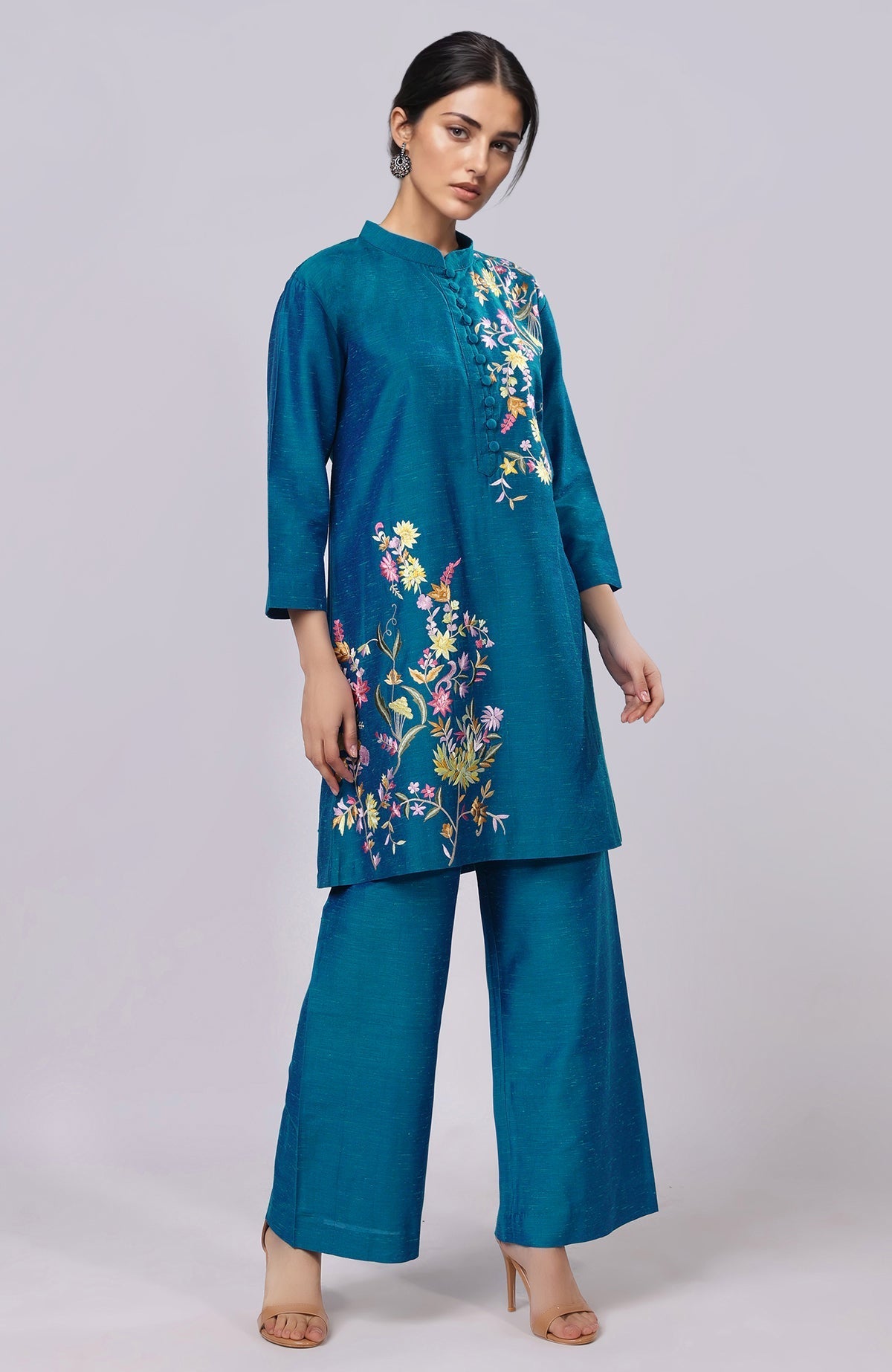 Blue Parsi Gara embroidered co-ord set with a band collar and wide-leg pants.