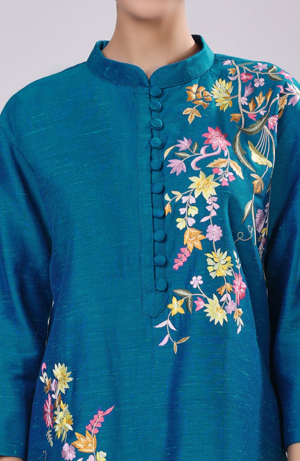 Blue Parsi Gara embroidered co-ord set with a band collar and potli buttons.