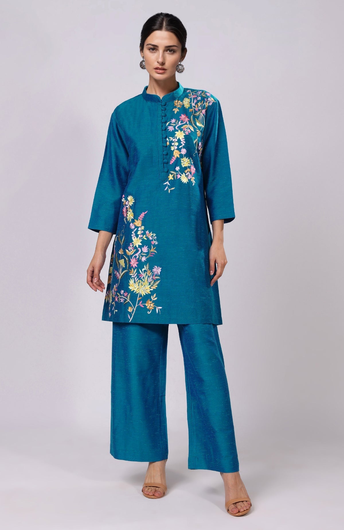 Blue Parsi Gara embroidered co-ord set with a band collar and wide-leg pants.