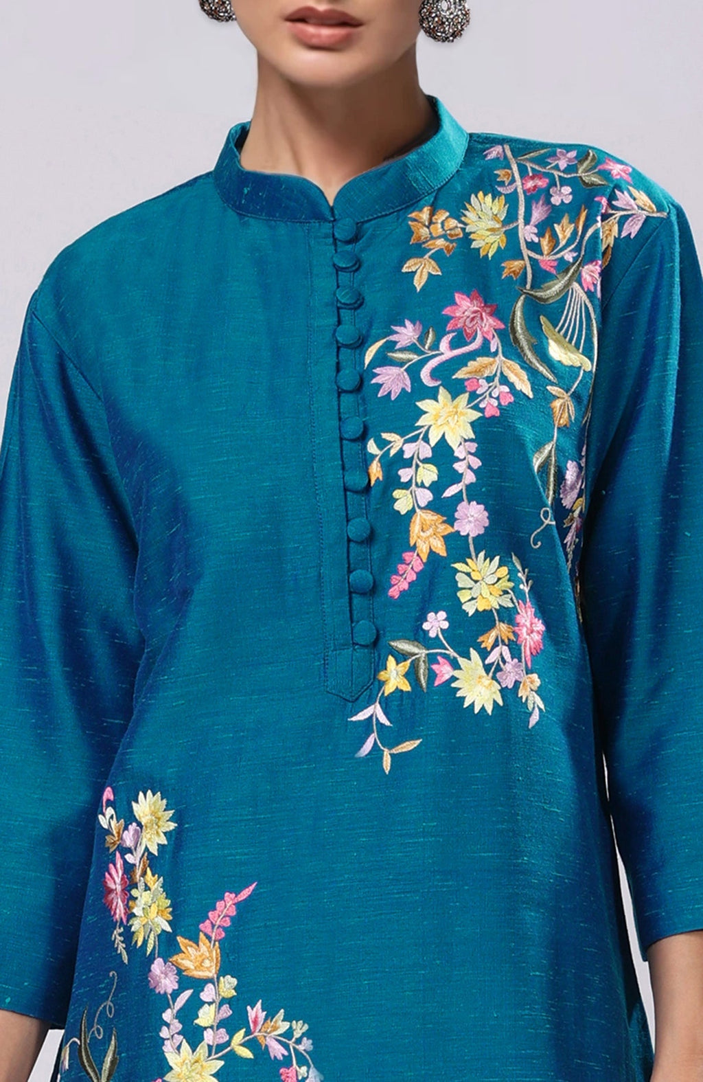 Blue Parsi Gara embroidered co-ord set with a band collar and potli buttons.
