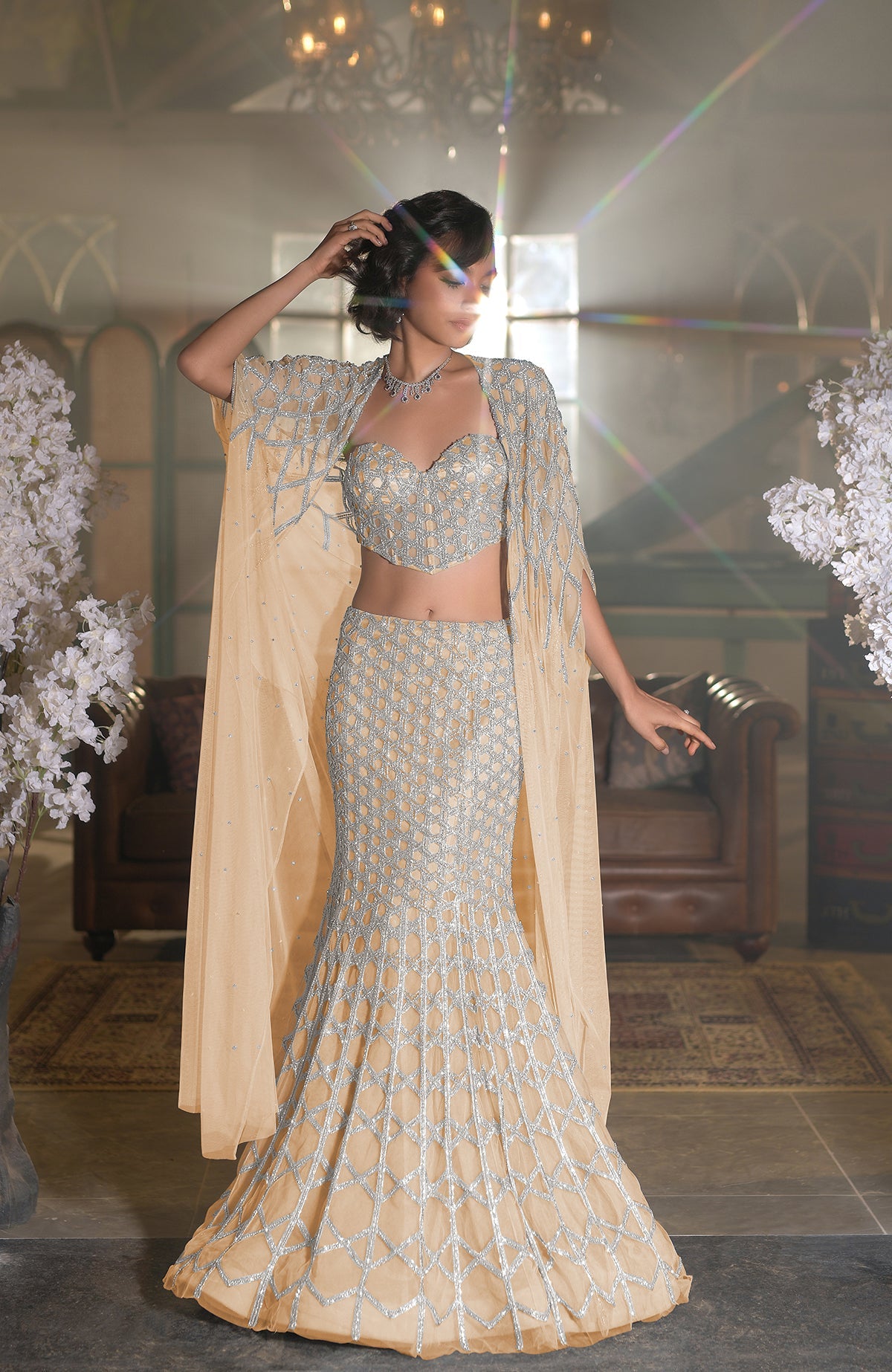 Blue crystal hand-embroidered mermaid lehenga set with cape and silver hexagonal beadwork details